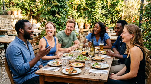 Happy Diverse Group of Friends Enjoying Outdoor Dining and Conversation at a Restaurant