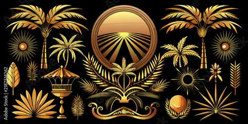 Luxury Golden Tropical Elements and Palm Tree Icon Set