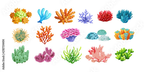 Colorful underwater coral reef icons set isolated on white
