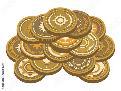 Stacked vintage style gold coins with intricate designs and embossed patterns transparent background