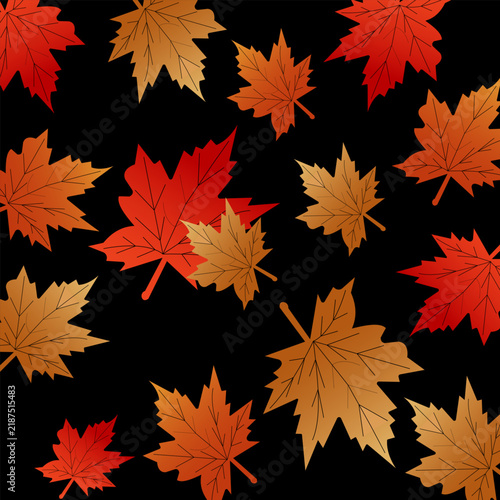 Autumn Maple Leaf Pattern with Colorful Fall Foliage on Black Background Vector for Thanksgiving Design. Resizable and editable, EPS 10.