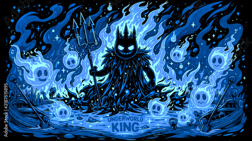 The underworld king holds a trident while surrounded by glowing blue ghosts and fire.