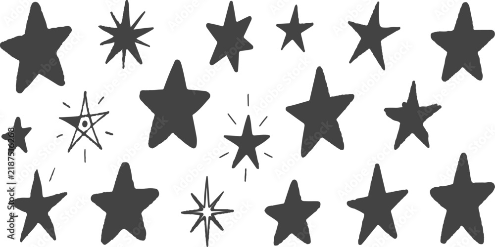 Fototapeta premium Hand drawn dark gray star shapes scattered on a white background with a minimalist graphic style