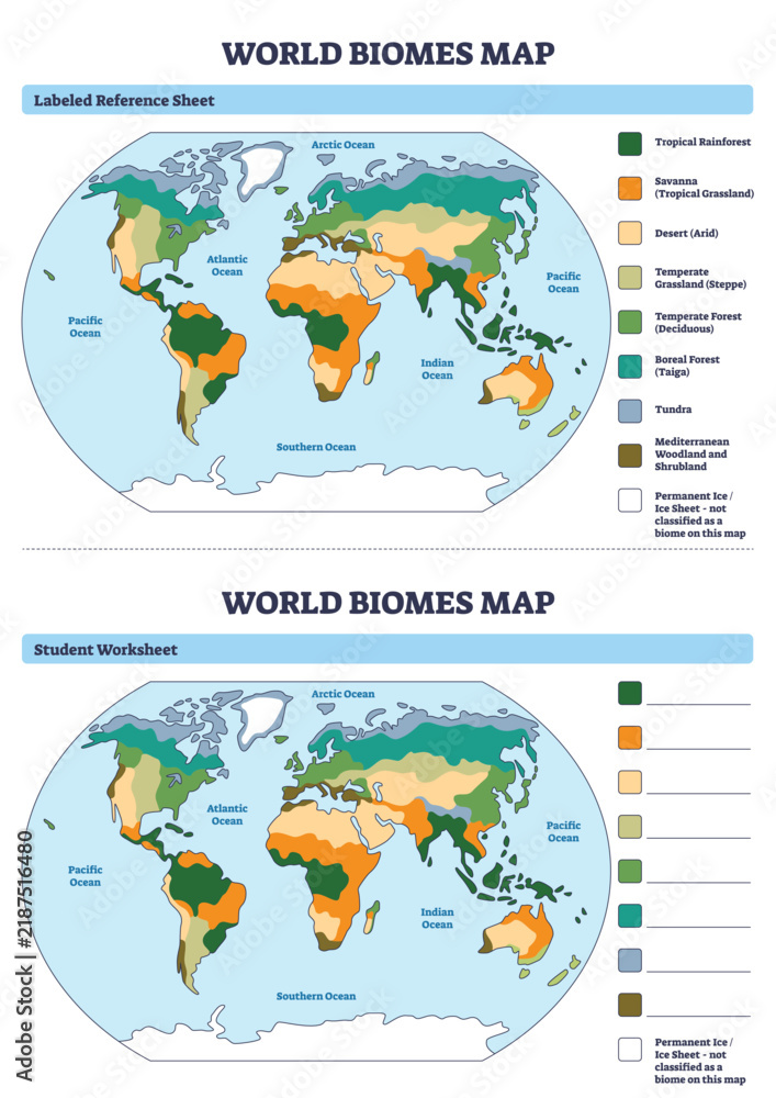 Obraz premium World biomes map overview showing color-coded ecosystems across continents, with world map, biome legend, and labeled oceans for study reference. Outline diagram