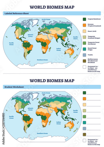 World biomes map overview showing color-coded ecosystems across continents, with world map, biome legend, and labeled oceans for study reference. Outline diagram