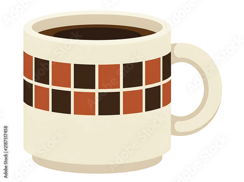 Cream colored mug with geometric pattern filled with hot beverage transparent background