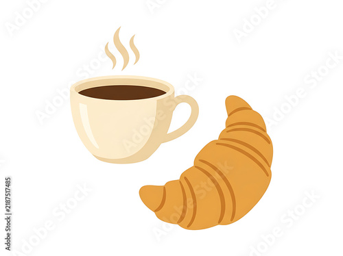 Simple illustration of coffee cup with croissant beside transparent background transparent background