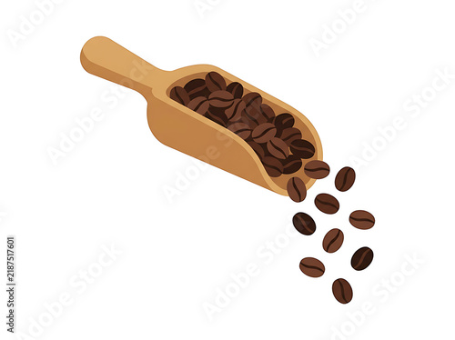 Wooden scoop filled with coffee beans spilling out onto transparent surface transparent background