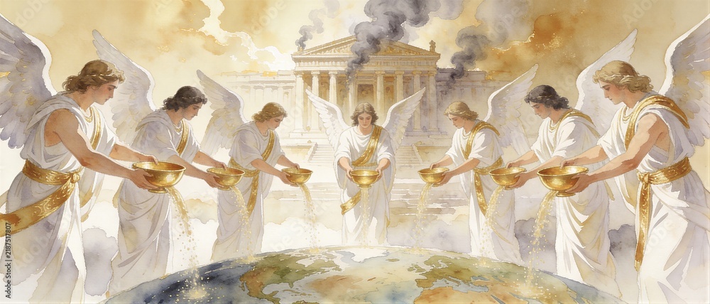 Fototapeta premium Seven angels pouring golden bowls of divine wrath onto earth. Biblical vision of the apocalypse and Last Judgment based on the New Testament. Spiritual end times theology art. Banner with copy space