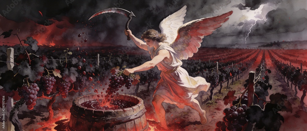 Fototapeta premium Angel harvesting grape with scythe in vineyard for winepress. Biblical apocalypse scene representing judgment and end of time. Wrath of God and divine retribution in Revelation. Banner with copy space