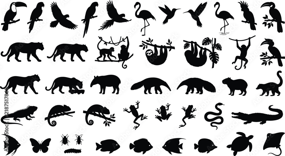 Obraz premium Collection of tropical rainforest animal silhouettes including birds, monkeys, reptiles, and fish on white background
