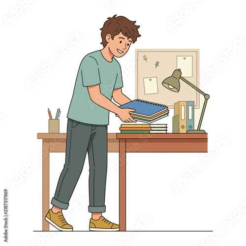 Teenage student organizing school books and notebooks on his study desk at home