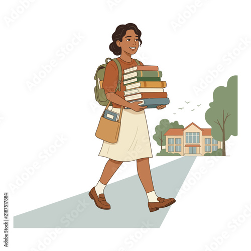A young student woman walking to school carrying a heavy stack of books and a backpack in a flat vector illustration style