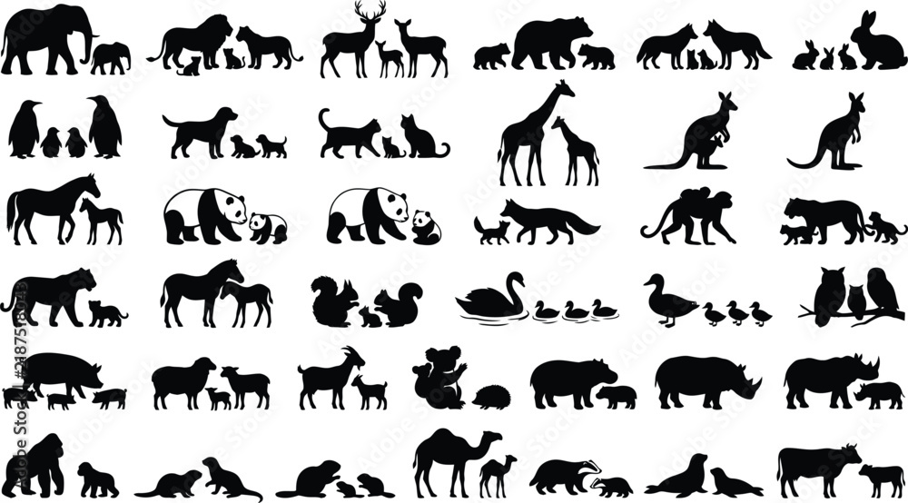 Fototapeta premium Collection of various wild and domestic animal silhouettes including parents and their offspring isolated on a white background