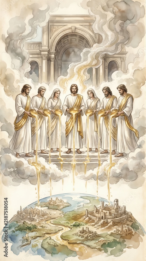 Fototapeta premium Seven angels in white robe pouring golden bowls of divine wrath onto earth. Biblical apocalypse and the Last Judgment scene. Revelation of John prophecy and religious spiritual concept.