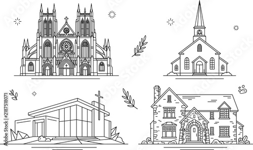 Bild auf Leinwand Christian church architecture line icon set featuring historic gothic cathedral