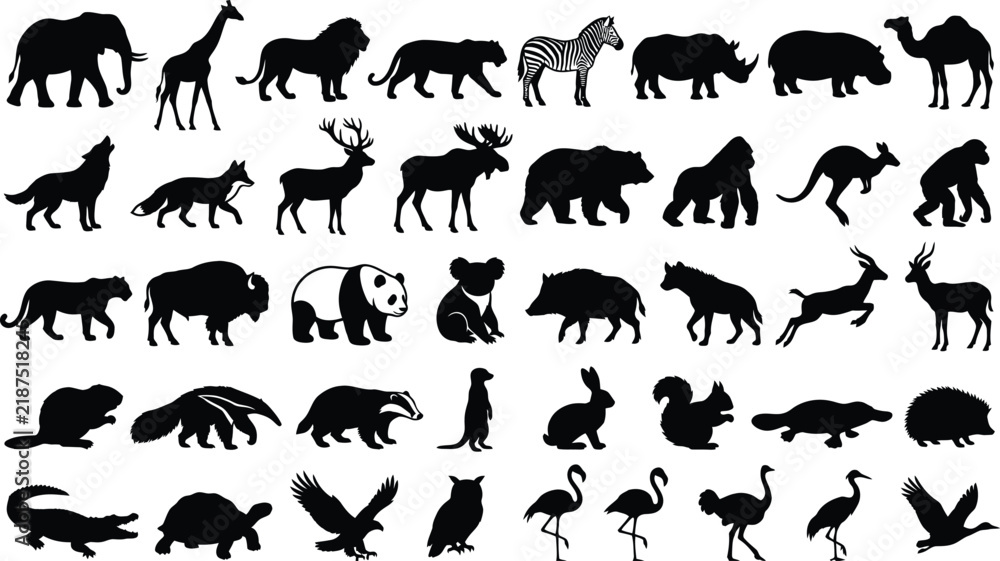 Fototapeta premium Collection of various wild animal silhouettes including elephant, giraffe, lion, zebra, rhino, wolf, bear, and panda on white background