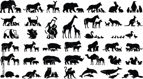 Extensive set of black animal silhouettes featuring diverse species with their young isolated on a clean white background