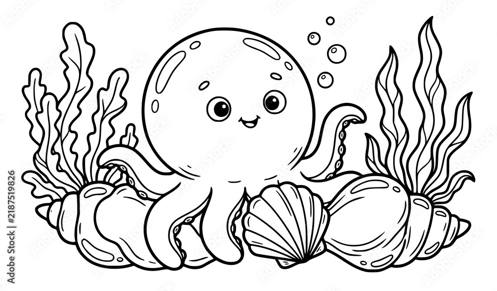 Fototapeta premium Cute Octopus Seabed Scene Coloring Book Illustration