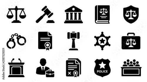 Legal and justice system icons set with handcuffs document attorney certificate briefcase