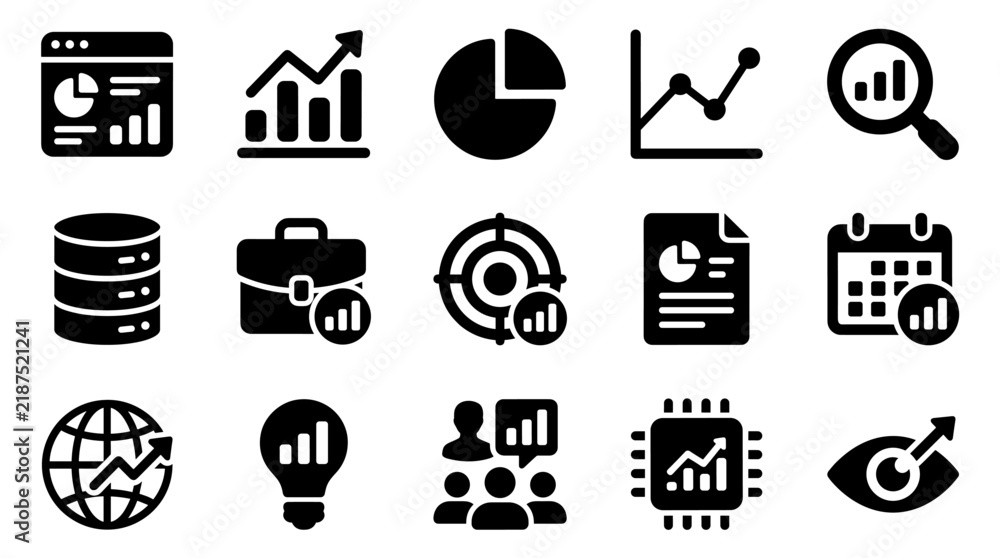 Obraz premium Data analytics and business intelligence icon set for financial reporting and research