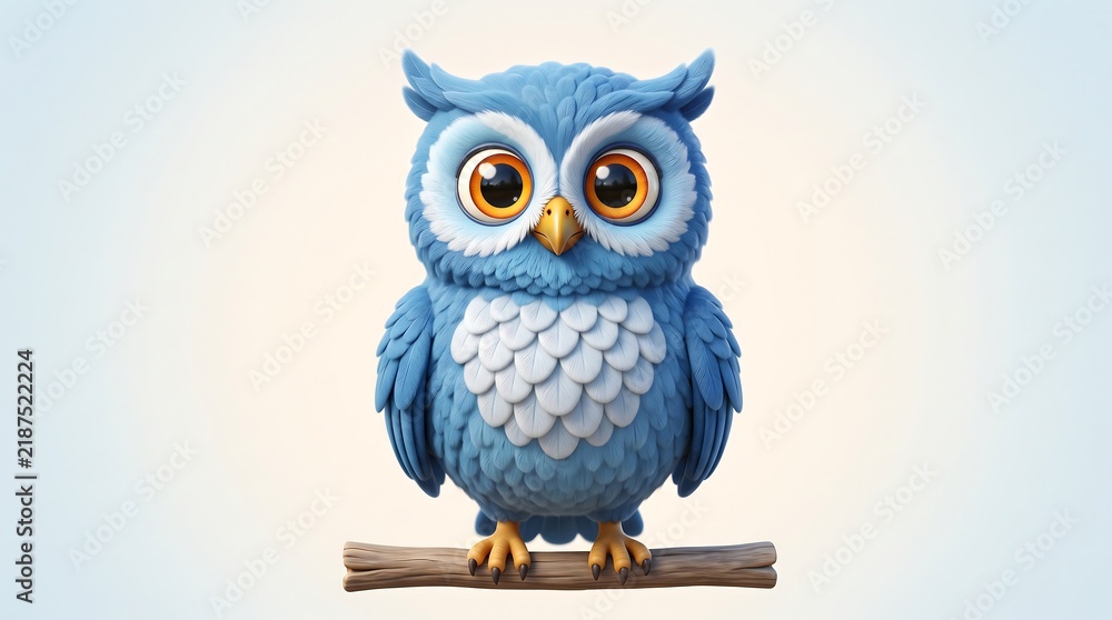 Obraz premium Cute blue owl character on branch, 3D clay style bird illustration, whimsical feathered owl mascot for children's decor and nursery art