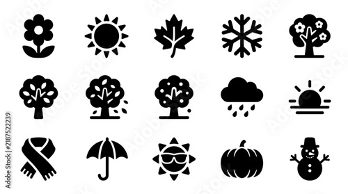 Collection of fifteen flat solid black seasonal and weather themed icons with snowflake