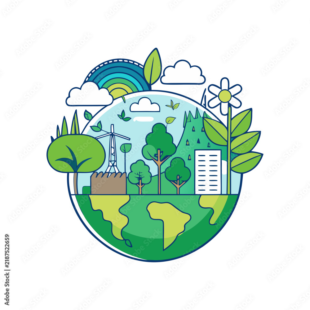 Obraz premium Colorful vector illustration of Earth surrounded by green leaves, sun, and clouds, representing environmental day and sustainability, Environmental day vector illustration