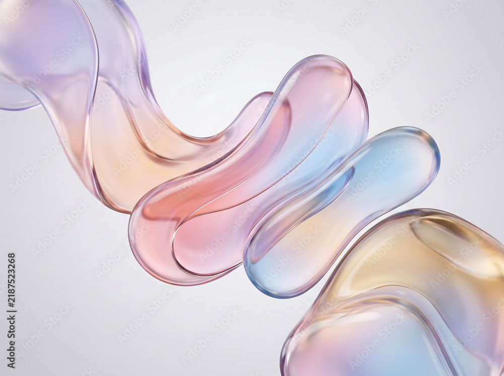 Obraz premium 3D render of smooth organic liquid blob shapes with soft gradient coloring, glass-like translucent material with gentle highlights