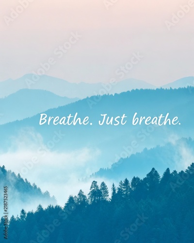 Breathe. Just breathe. A serene mountain landscape at dawn showcasing layers of mist rolling over lush green forests and tranquil hills under a soft pastel sky.