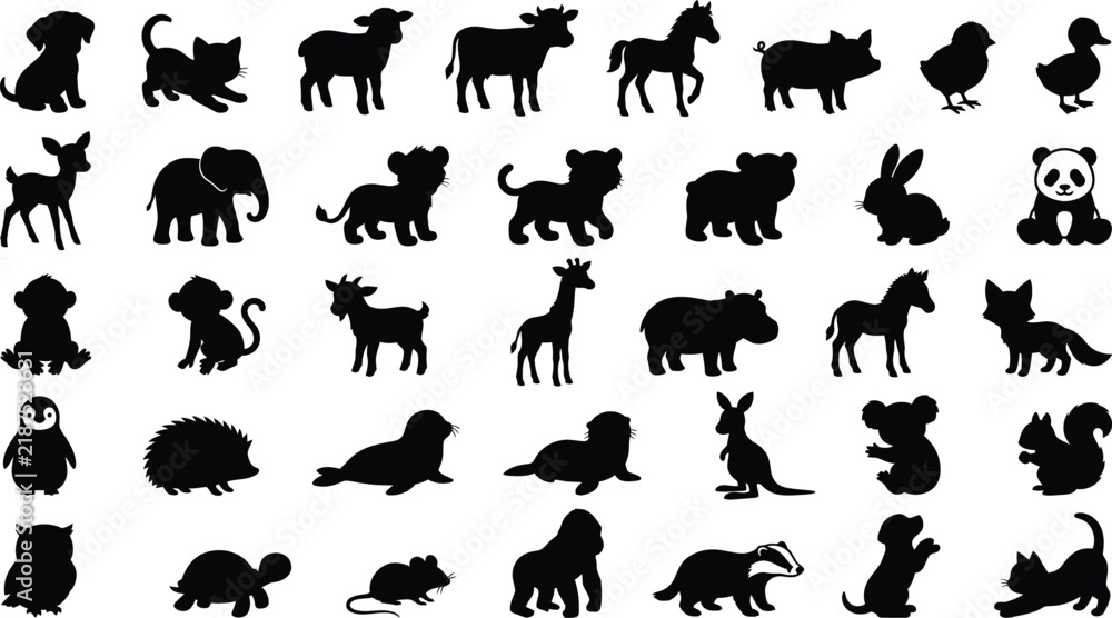 Obraz premium Set of various animal silhouettes including domestic pets, farm animals, and wildlife isolated on a white background