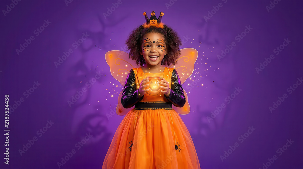 Fototapeta premium African American child in a whimsical Halloween fairy costume with colorful crown, glowing orange dress and wings, smiling against a purple magical background in a festive spooky seasonal scene