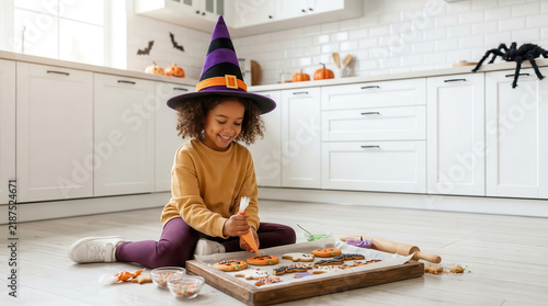 Child in a purple witch hat decorating a Halloween gingerbread house on the kitchen floor, adding colorful candy and decorations in a cozy home setting, seasonal creativity and festive family fun