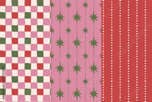 Vector Seamless Christmas pattern with hand-drawn holiday elements, geometric shapes, stars and festive ornaments in a retro color palette