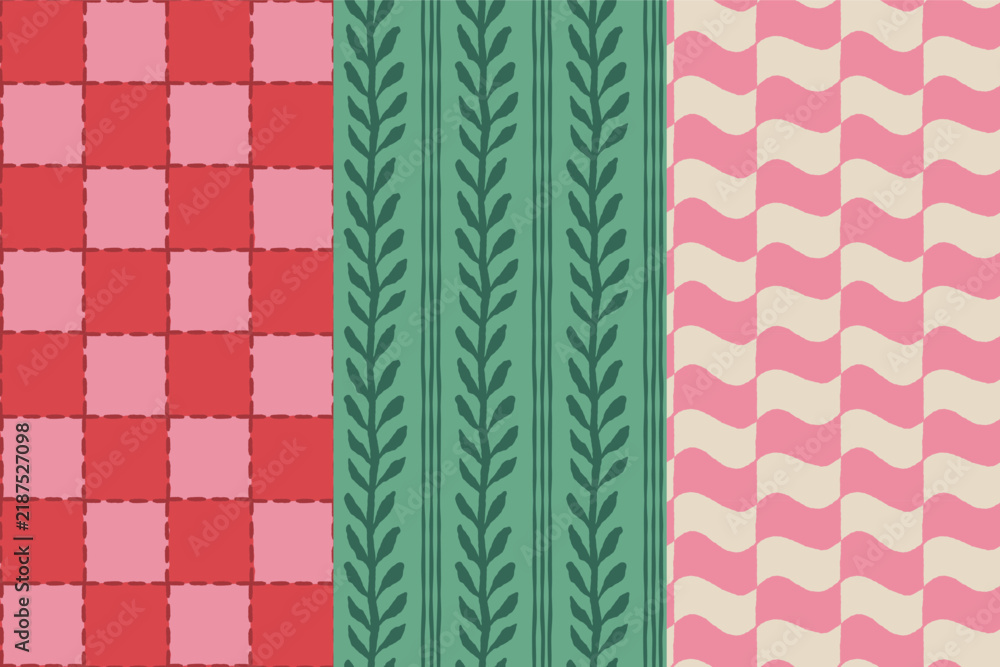 Obraz premium Vector Seamless Christmas pattern with hand-drawn holiday elements, geometric shapes, stars and festive ornaments in a retro color palette