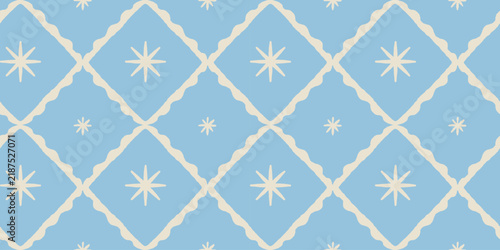 Vector Seamless Christmas pattern with hand-drawn festive motifs, decorative stars and ornaments in a playful vintage-inspired style