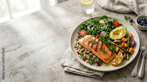 Grilled salmon fillet with quinoa salad and avocado on a plate