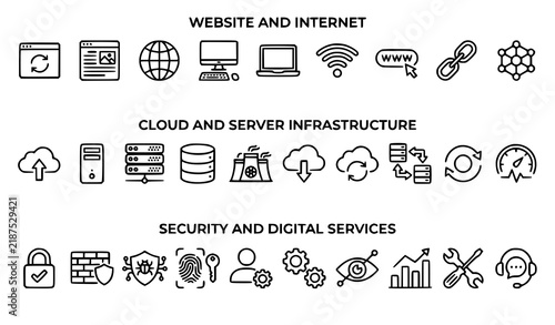 Plakat Complete web hosting cloud server database and digital service line icon collection vector