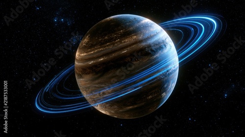 Detailed digital illustration of a gas giant planet with glowing blue rings orbiting in deep outer space against starry black background