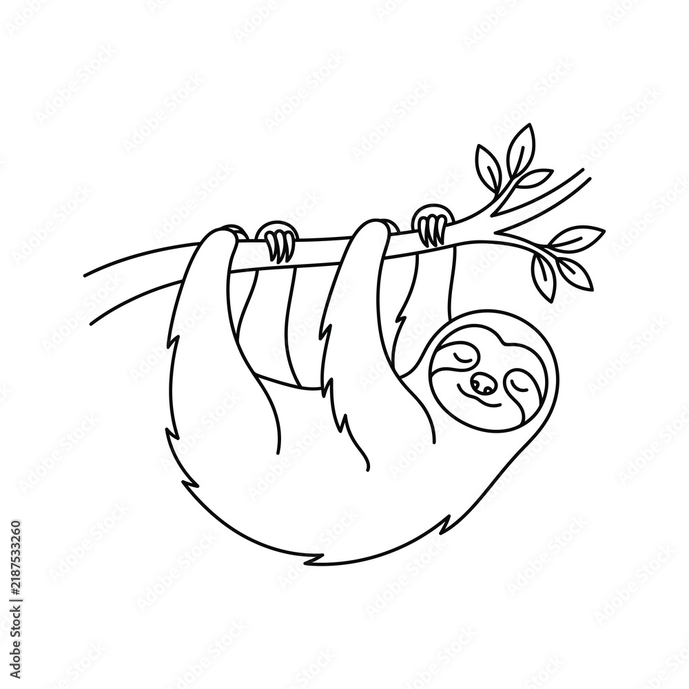 Obraz premium Minimalist line art drawing of a cute sloth hanging from a branch for nature themed creative projects