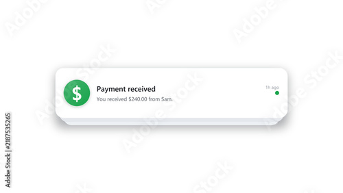 Payment received push notification popup, modern UI alert banner, flat design, transparent background