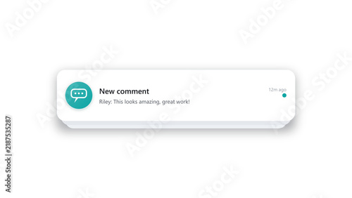 New comment push notification popup, modern UI alert banner, flat design, transparent background