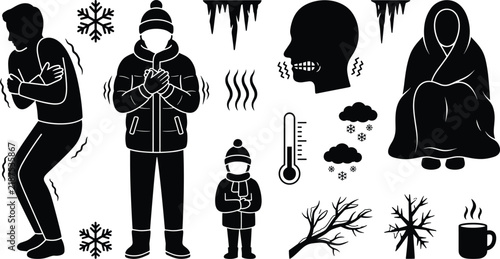 Fotografie Freezing winter cold weather icon set vector silhouettes representing shivering