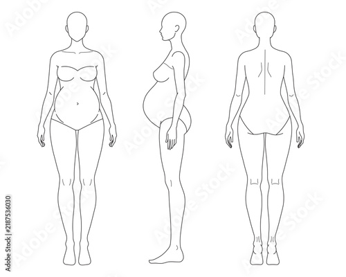Maternity Fashion Croquis Pregnant Woman Body Figure Template 3 Views, Technical Outline Sketch Vector