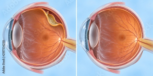 Retinal detachment shown before and after surgical repair in premium clinical CGI with separated versus reattached retina on a clean pale blue ophthalmology education background.