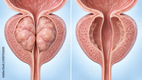 BPH shown before and after surgical treatment in premium clinical CGI with urethral compression versus restored urinary channel on a clean pale blue urology education background.