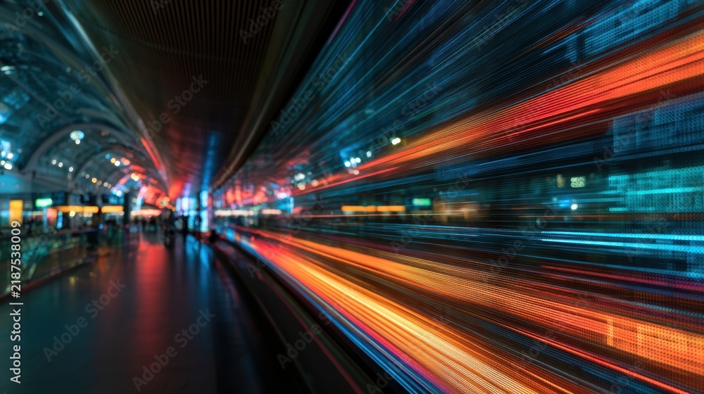 Naklejka premium Blurred motion effect inside modern airport terminal with illuminated curved ceiling and dynamic light trails in vibrant red blue tones