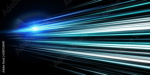 Obraz na plátně Abstract glowing blue light trails moving fast in the darkness, suggesting speed and technology