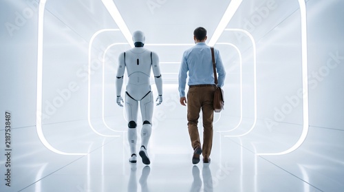 Businessman And Humanoid Robot Walking Together In Futuristic White Corridor