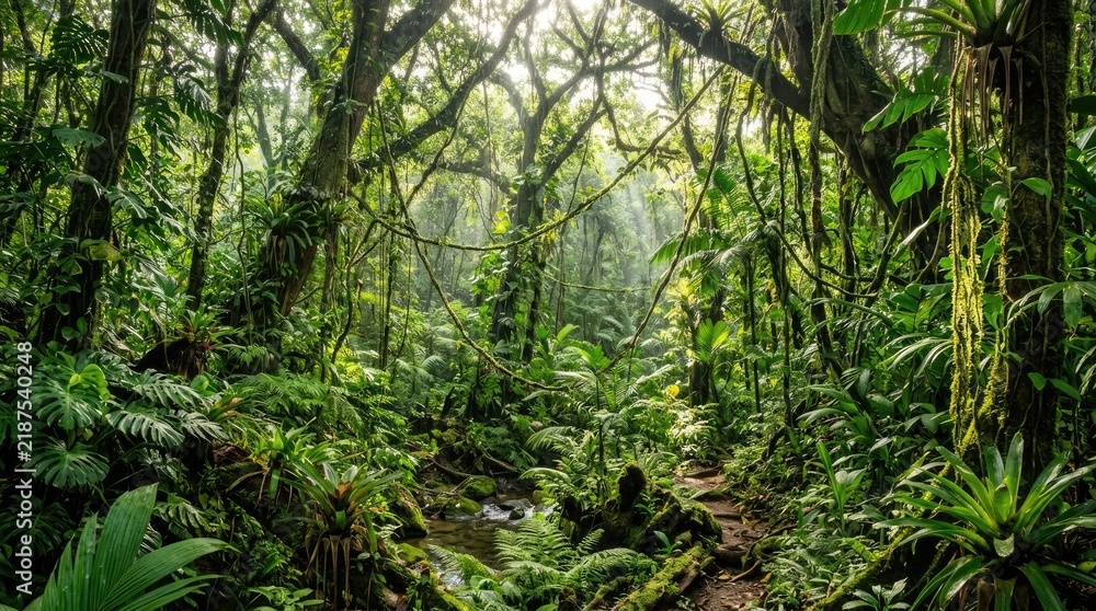 Fototapeta premium Sunlight filters through a dense, vibrant rainforest canopy. A narrow, winding trail cuts through the lush vegetation, leading deeper into the jungle.
